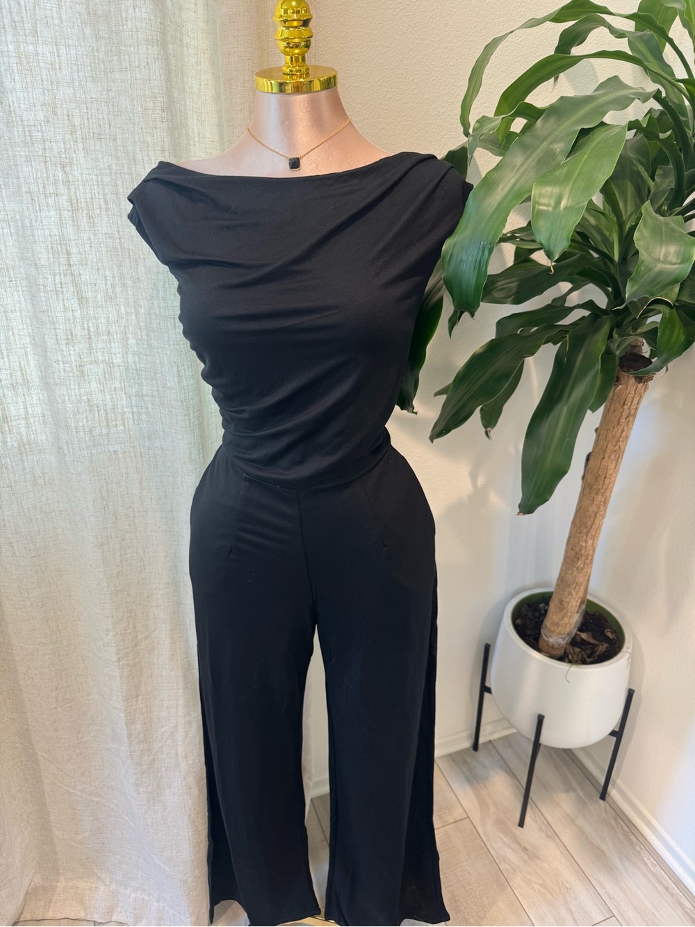 Black Wide-Leg Jumpsuit with Boat Neck